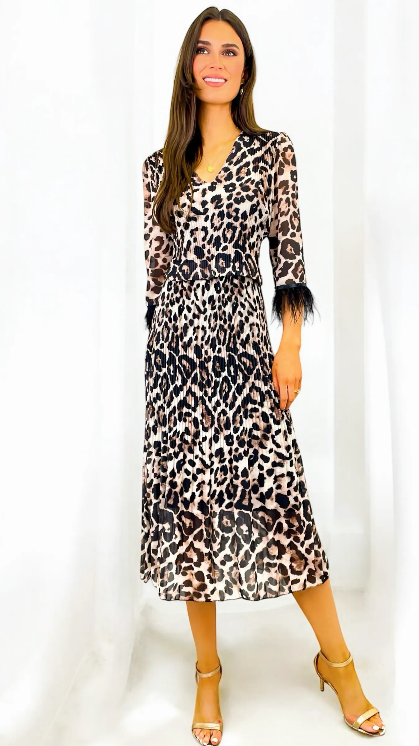 1-A2009 Leopard Loose Top Dress Feather Trim