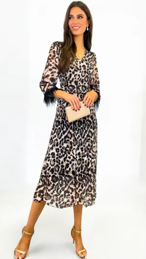 1-A2009 Leopard Loose Top Dress Feather Trim