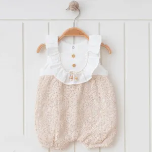 100% Cotton Muslin Natural Lace, Bead Designed Romper: White / 6-9M