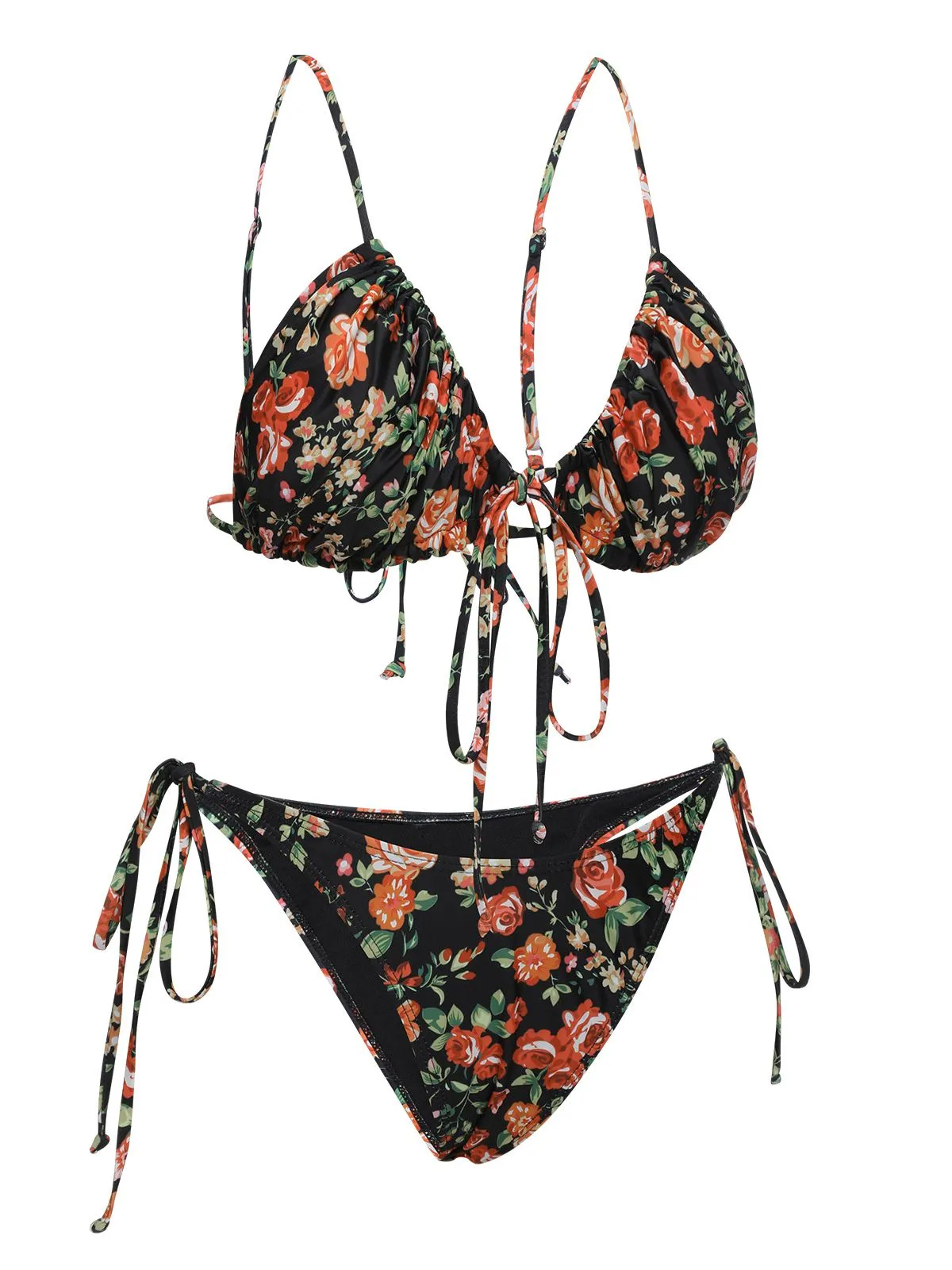 1950s Floral Lace-Up Spaghetti Strap Bikini Set