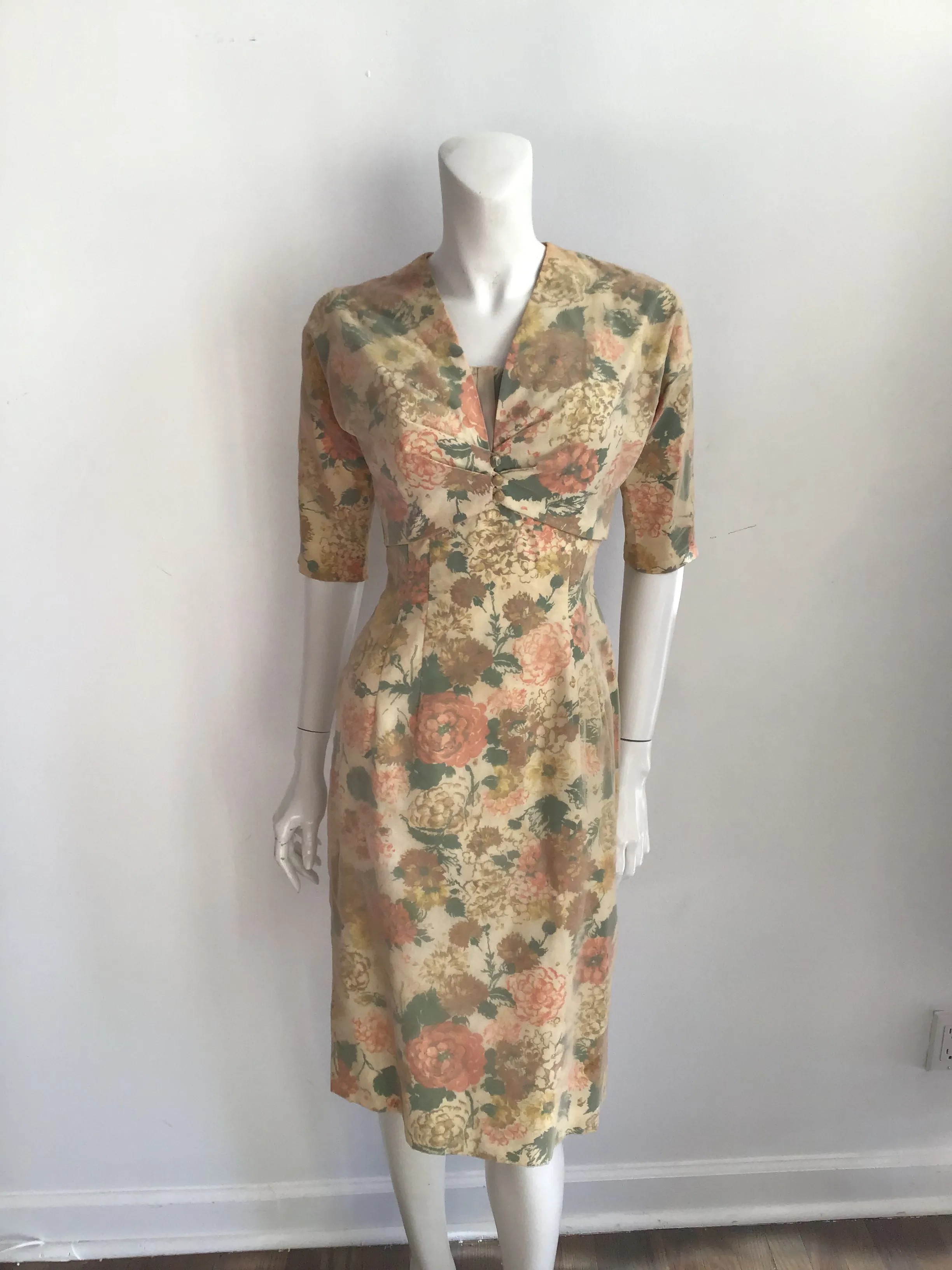 1950s  Yellow Floral Dress with Bolero Jacket Size 6