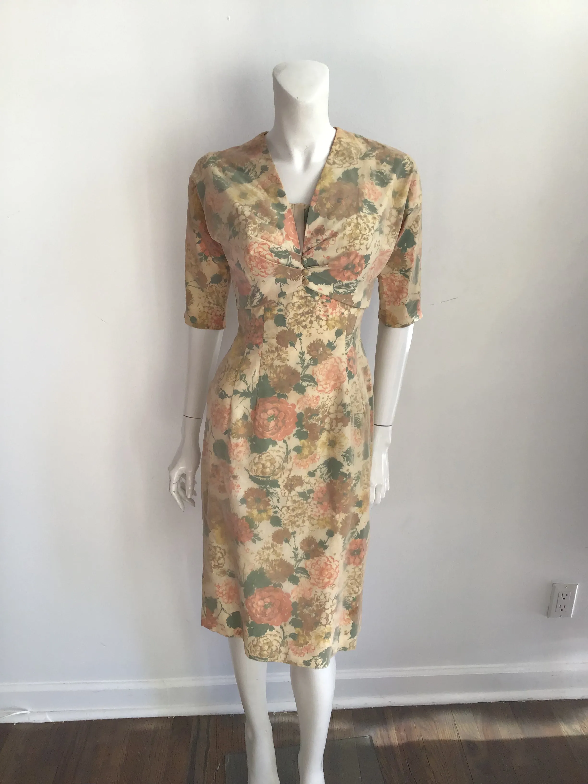 1950s  Yellow Floral Dress with Bolero Jacket Size 6