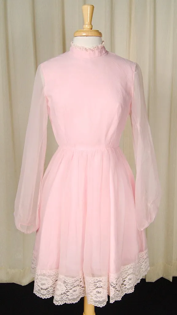 1960s Chiffon Pink Lace Dress