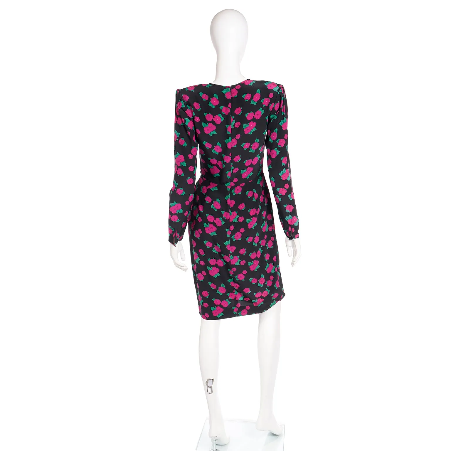 1990s Ungaro Vintage Black Pink & Green Floral Print Silk Dress