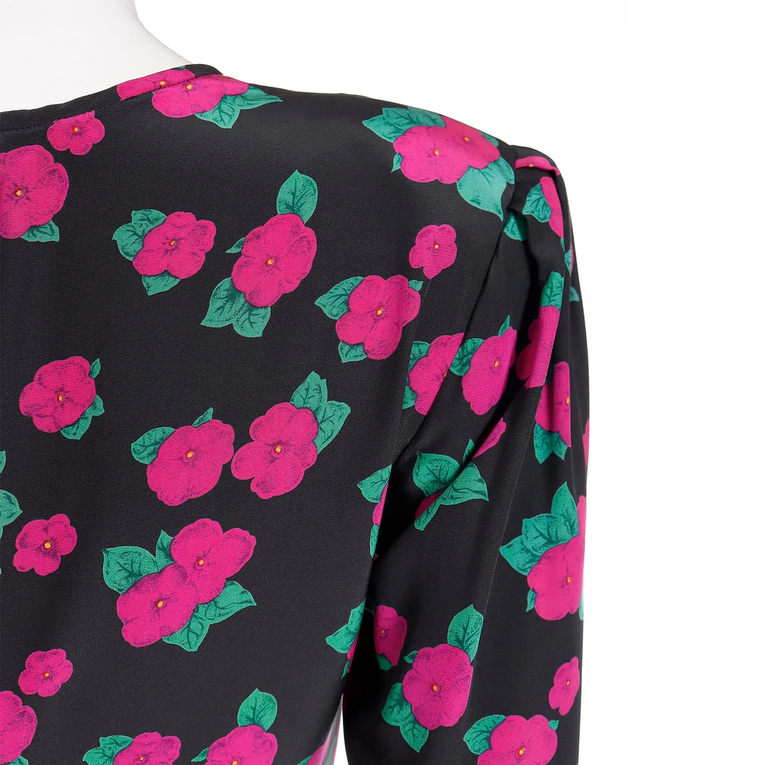 1990s Ungaro Vintage Black Pink & Green Floral Print Silk Dress
