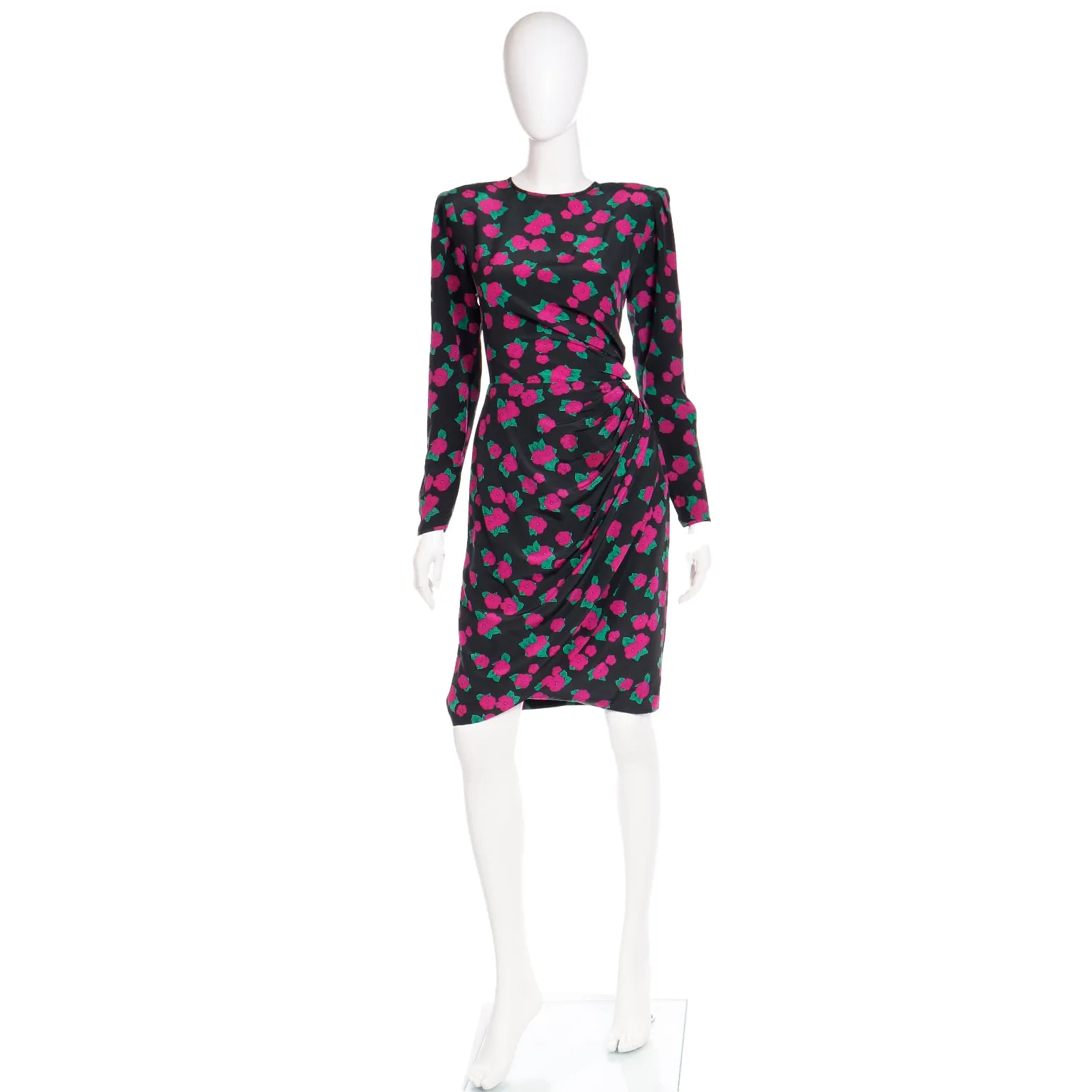 1990s Ungaro Vintage Black Pink & Green Floral Print Silk Dress