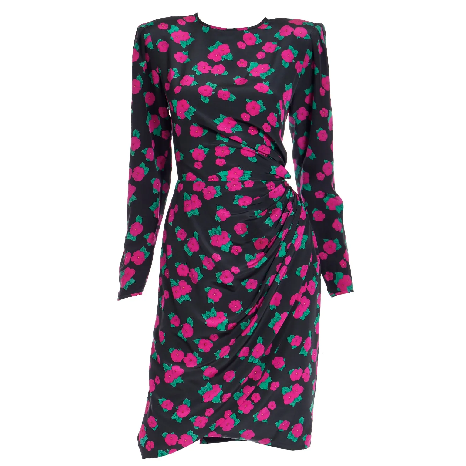 1990s Ungaro Vintage Black Pink & Green Floral Print Silk Dress