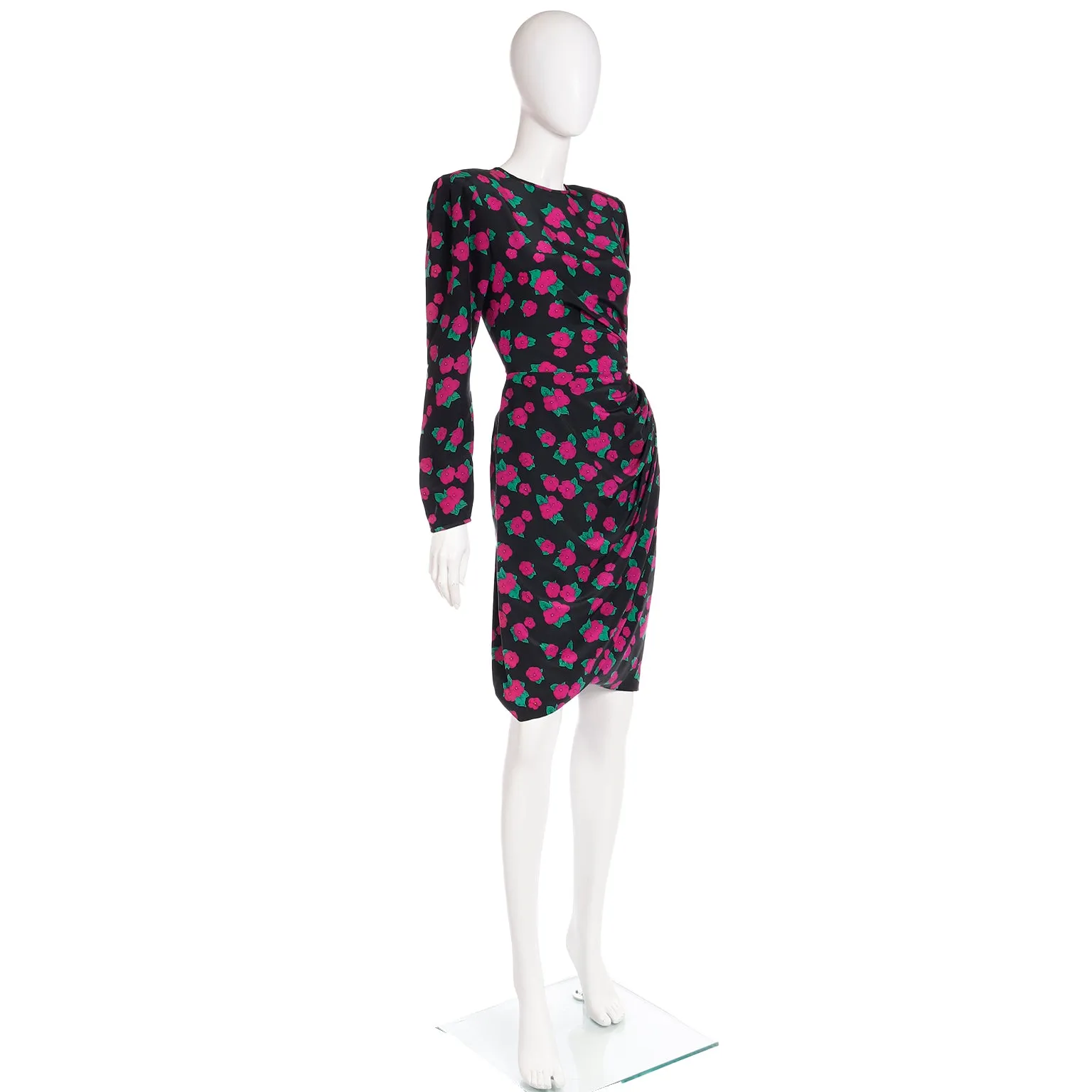 1990s Ungaro Vintage Black Pink & Green Floral Print Silk Dress