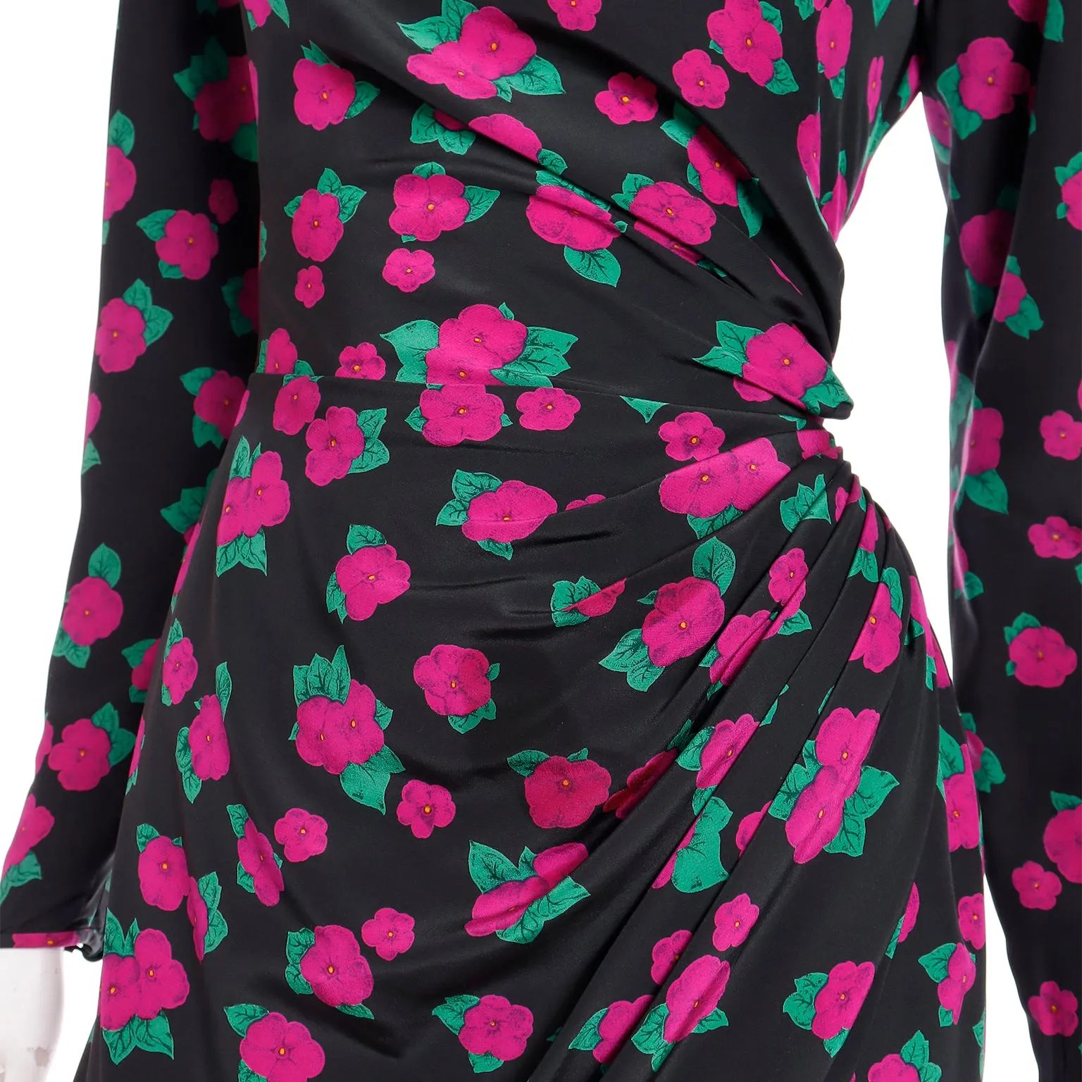 1990s Ungaro Vintage Black Pink & Green Floral Print Silk Dress