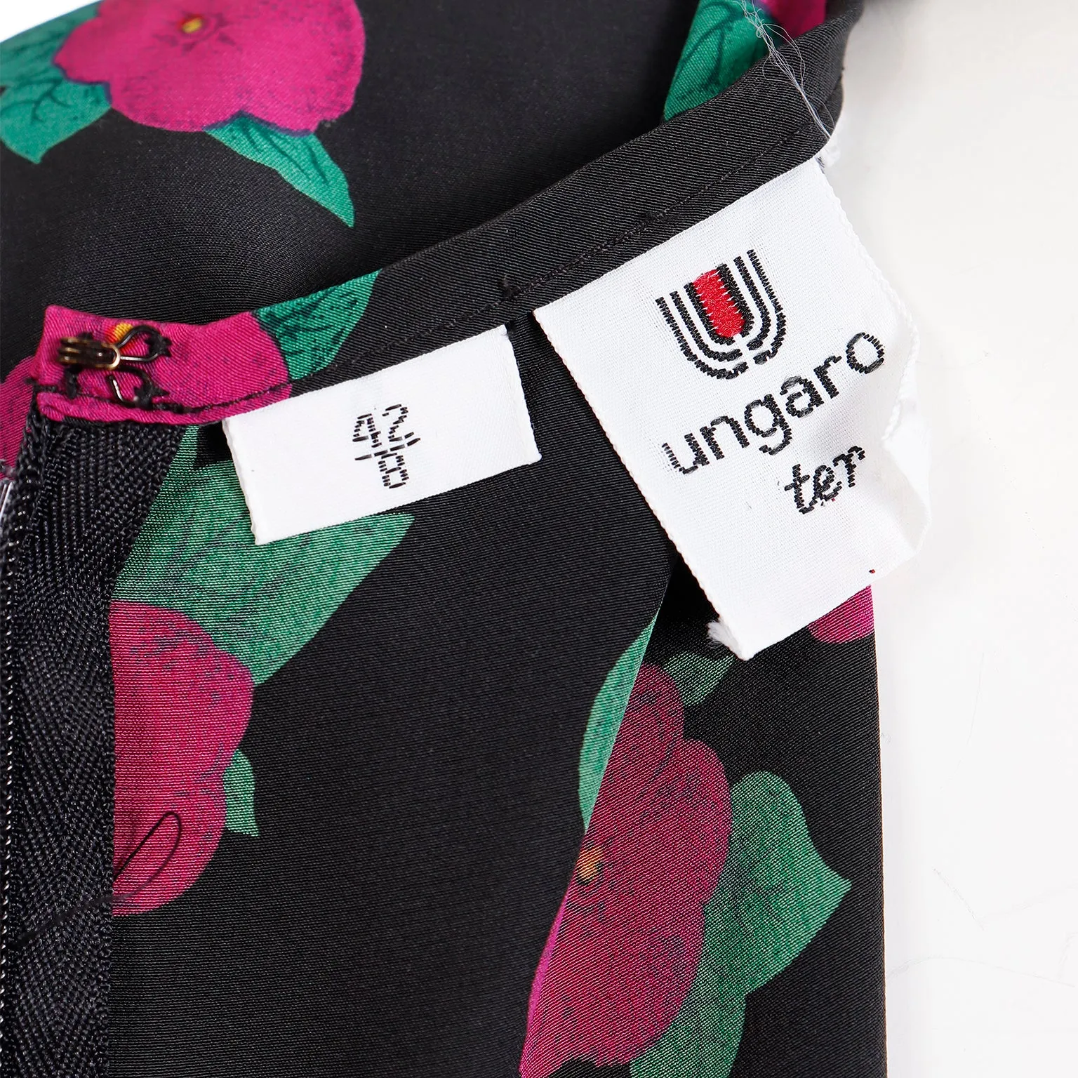 1990s Ungaro Vintage Black Pink & Green Floral Print Silk Dress