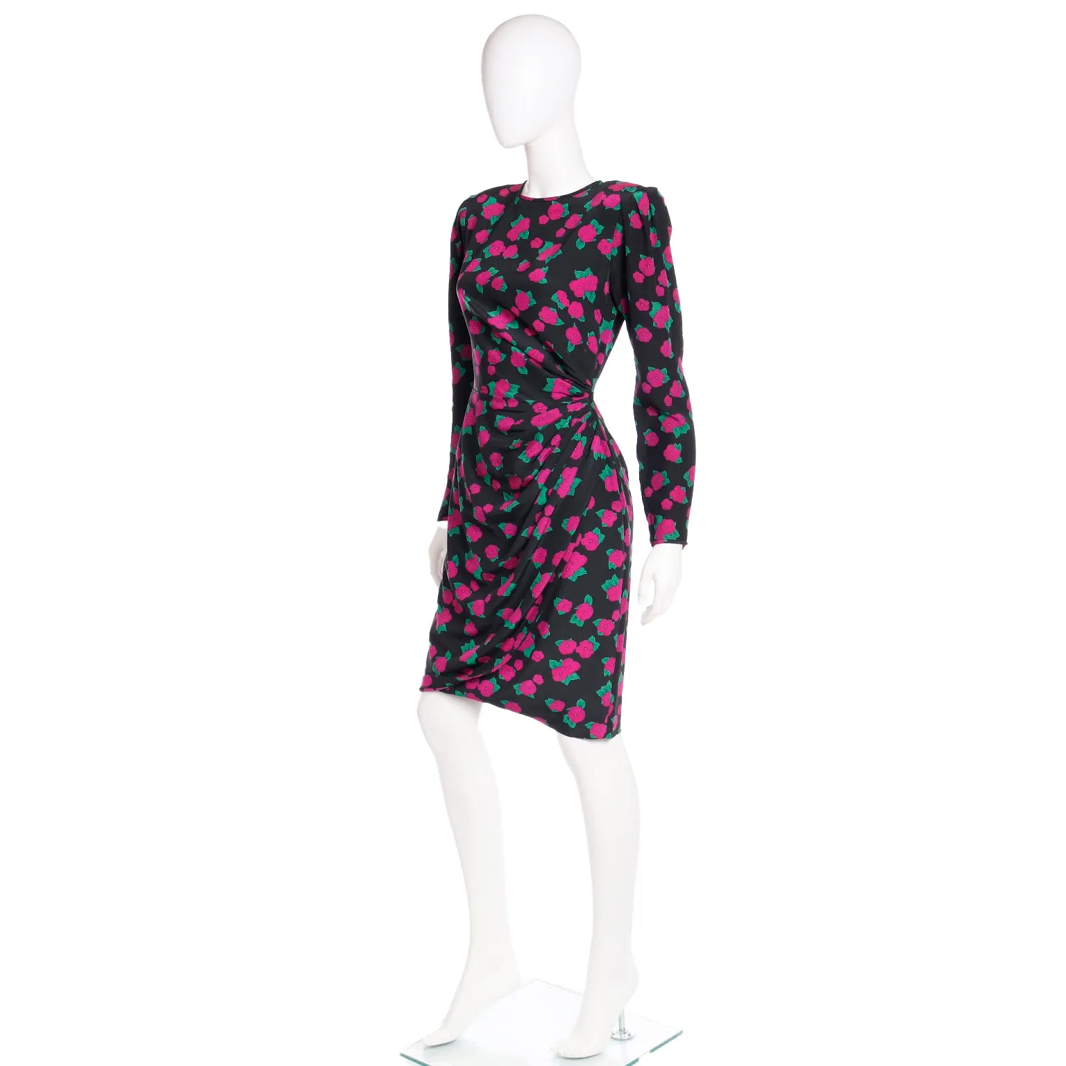 1990s Ungaro Vintage Black Pink & Green Floral Print Silk Dress