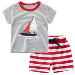 2 Pcs Boys Printed Tops And Striped Print Lace-up Shorts Pajamas Suit