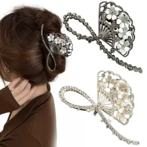 2 PCS Flower Metal Hair Claw Clips Rhinestone Pearl French Style Hair Jaw Clips Barrtette Non Slip Hair Accessories for Women