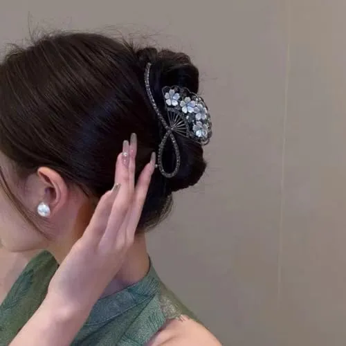 2 PCS Flower Metal Hair Claw Clips Rhinestone Pearl French Style Hair Jaw Clips Barrtette Non Slip Hair Accessories for Women