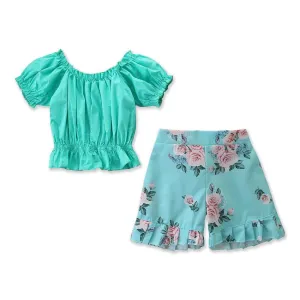 2 Pcs Girl Puff Sleeve Tops And Flower Print Shorts