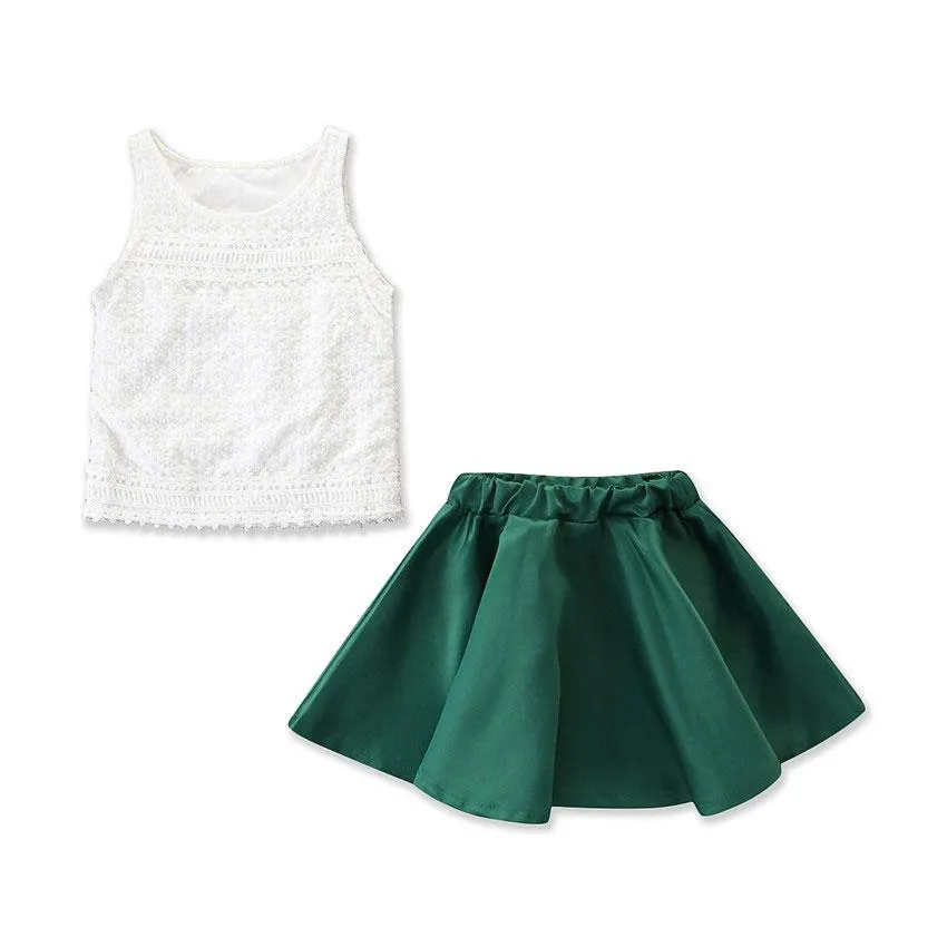 2 Pcs Girl Sleeveless Lace Tops And Solid Color Skirt