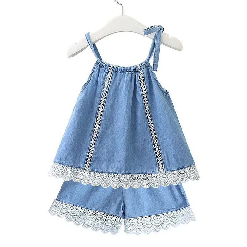 2 Pcs Pretty Girl Cotton Denim Design Lace Tops And Shorts