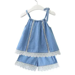 2 Pcs Pretty Girl Cotton Denim Design Lace Tops And Shorts