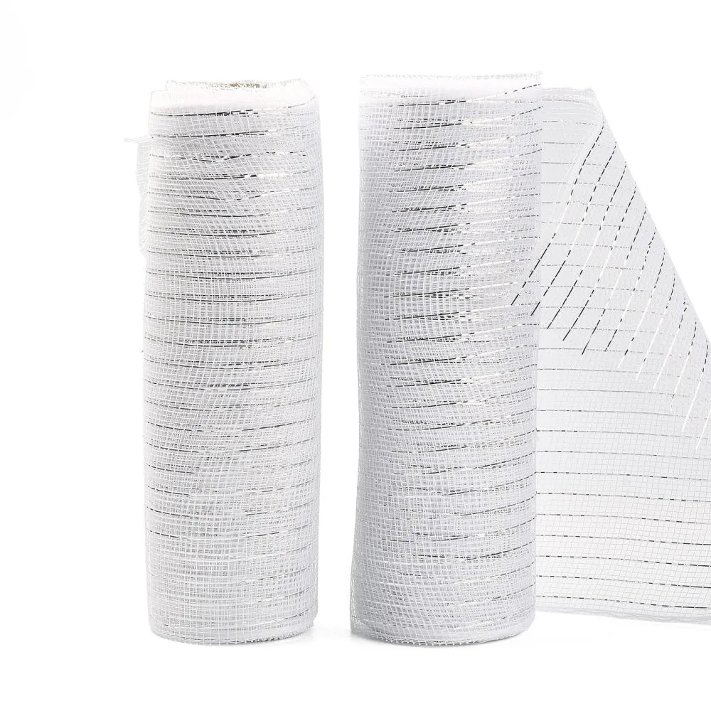 2 Roll Deco Mesh Ribbons, Tulle Fabric, with Metallic Silk, for Christmas Party Decoration, Skirts Decoration Making, White, 10-1/4 inch(260mm), 10 yards/roll(91.44m/roll)