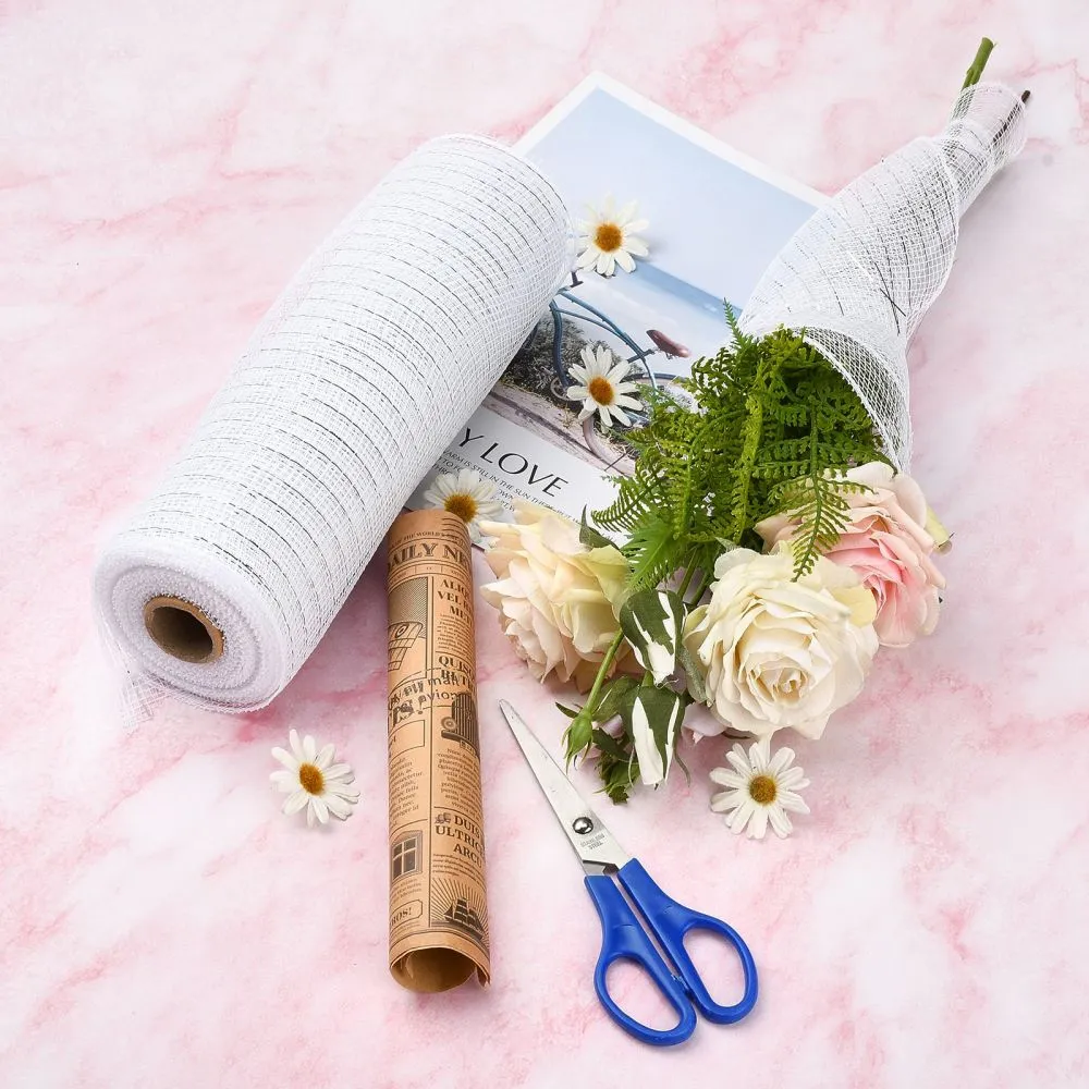 2 Roll Deco Mesh Ribbons, Tulle Fabric, with Metallic Silk, for Christmas Party Decoration, Skirts Decoration Making, White, 10-1/4 inch(260mm), 10 yards/roll(91.44m/roll)