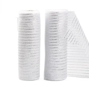 2 Roll Deco Mesh Ribbons, Tulle Fabric, with Metallic Silk, for Christmas Party Decoration, Skirts Decoration Making, White, 10-1/4 inch(260mm), 10 yards/roll(91.44m/roll)
