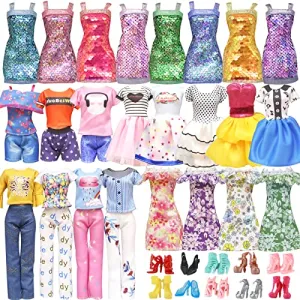 20 Pcs Doll Clothes and Accessories for Barbie Handmade 3 Sequins Dresses 4 Fashion Dresses 3 Tops and Pants Casual Outfits 10 Shoes for 11.5 inch Girl Dolls