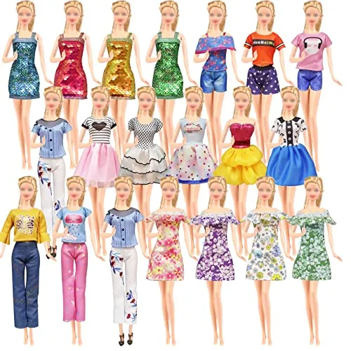 20 Pcs Doll Clothes and Accessories for Barbie Handmade 3 Sequins Dresses 4 Fashion Dresses 3 Tops and Pants Casual Outfits 10 Shoes for 11.5 inch Girl Dolls