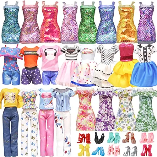 20 Pcs Doll Clothes and Accessories for Barbie Handmade 3 Sequins Dresses 4 Fashion Dresses 3 Tops and Pants Casual Outfits 10 Shoes for 11.5 inch Girl Dolls