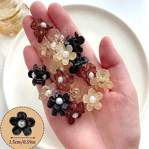20 PCs Mini Crystal Claw Hair Clips for Short, Thick, or Thin Hair - Pearl Flower Accessories for Toddler Girls and Women