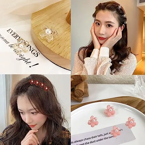 20 PCs Mini Crystal Claw Hair Clips for Short, Thick, or Thin Hair - Pearl Flower Accessories for Toddler Girls and Women