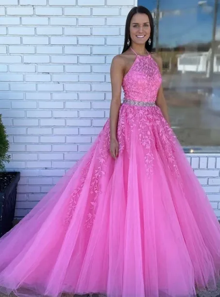 2024 Halter Pink Prom Dresses A Line Lace Evening Gowns With Beaded