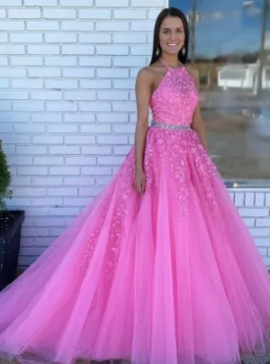 2024 Halter Pink Prom Dresses A Line Lace Evening Gowns With Beaded