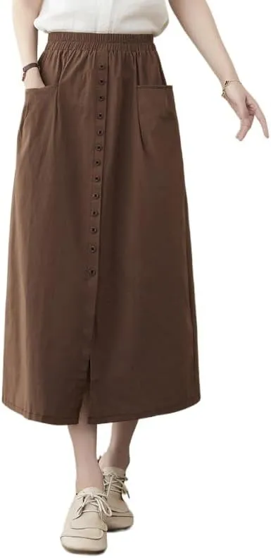 2025 Spring Summer Cotton Linen Midi Skirts for Women Boho Casual High Waist Button Down Midi Skirts with Slit