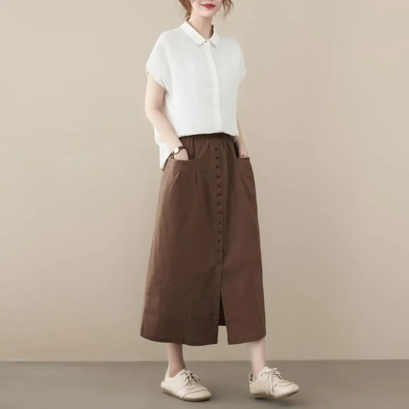 2025 Spring Summer Cotton Linen Midi Skirts for Women Boho Casual High Waist Button Down Midi Skirts with Slit