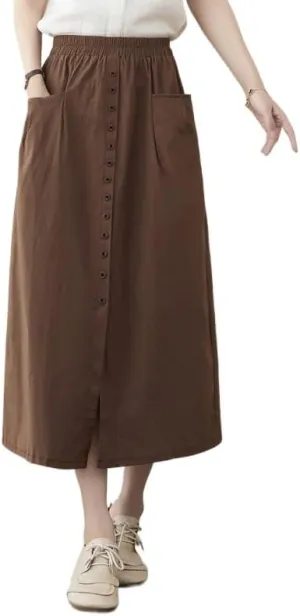 2025 Spring Summer Cotton Linen Midi Skirts for Women Boho Casual High Waist Button Down Midi Skirts with Slit