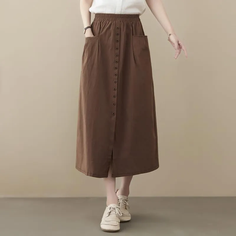 2025 Spring Summer Cotton Linen Midi Skirts for Women Boho Casual High Waist Button Down Midi Skirts with Slit