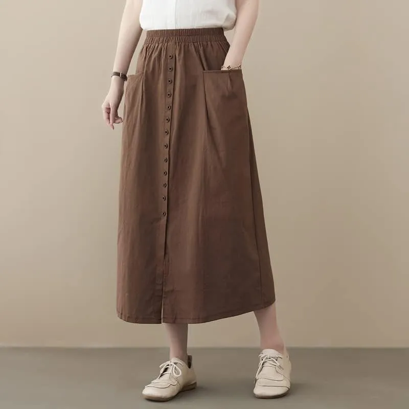 2025 Spring Summer Cotton Linen Midi Skirts for Women Boho Casual High Waist Button Down Midi Skirts with Slit