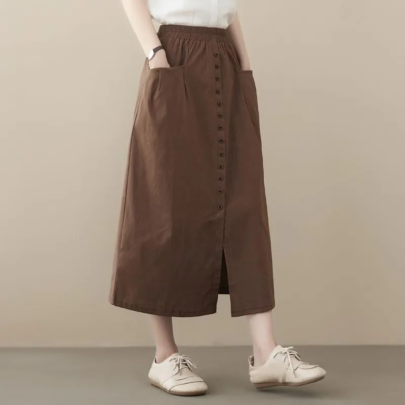 2025 Spring Summer Cotton Linen Midi Skirts for Women Boho Casual High Waist Button Down Midi Skirts with Slit