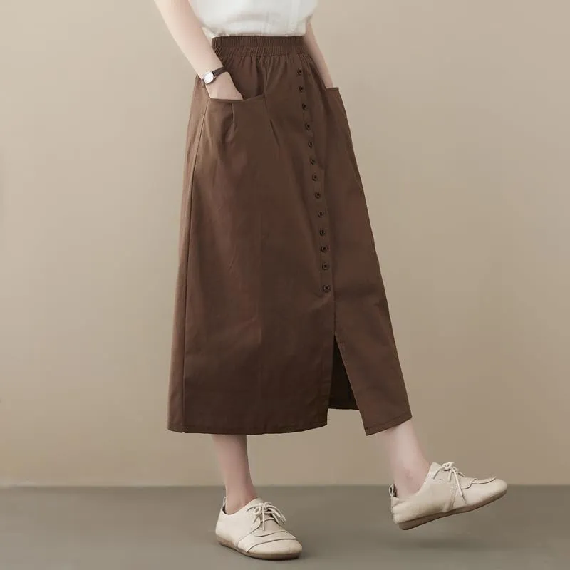 2025 Spring Summer Cotton Linen Midi Skirts for Women Boho Casual High Waist Button Down Midi Skirts with Slit