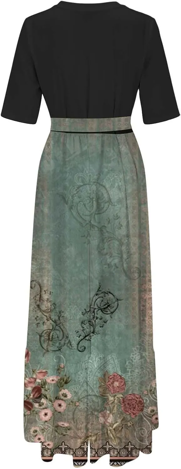 2025 Summer Maxi Dresses for Women Short Sleeve Floral Maxi Dress Trendy High Waist Long Dresses Business Work Dress