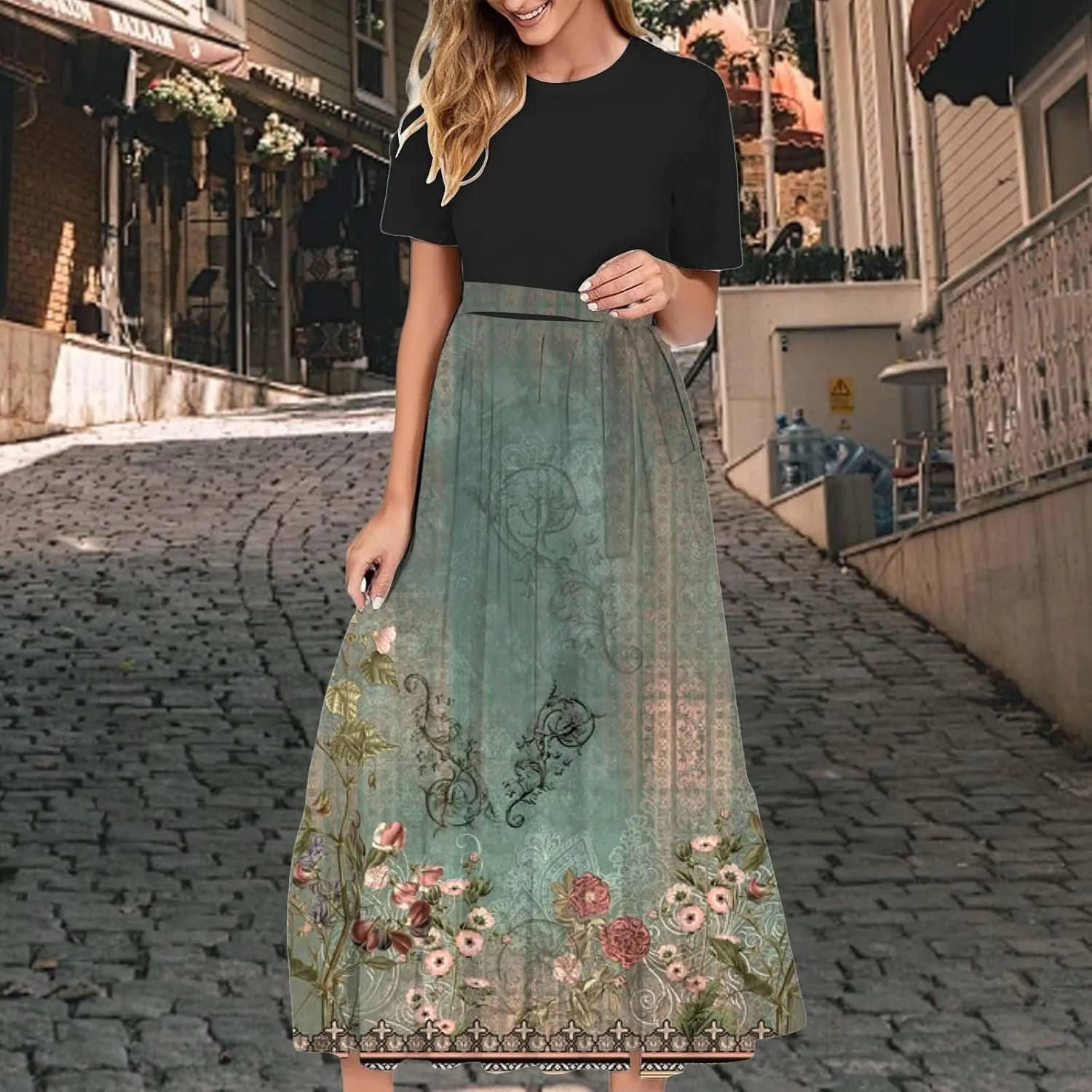 2025 Summer Maxi Dresses for Women Short Sleeve Floral Maxi Dress Trendy High Waist Long Dresses Business Work Dress