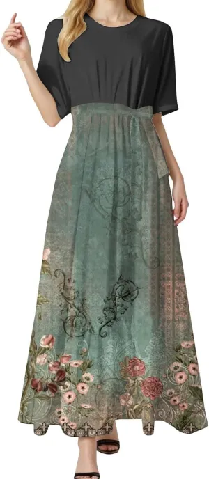 2025 Summer Maxi Dresses for Women Short Sleeve Floral Maxi Dress Trendy High Waist Long Dresses Business Work Dress