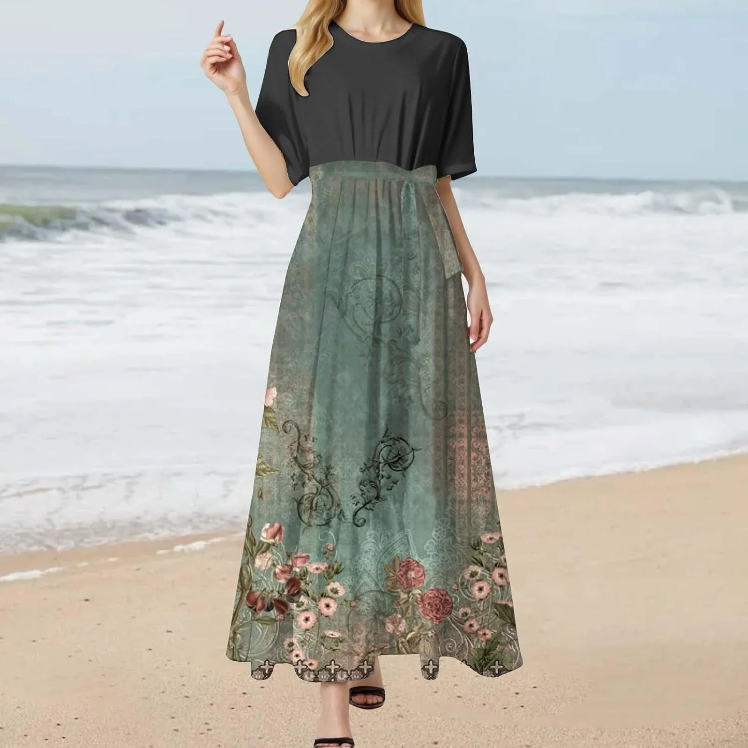 2025 Summer Maxi Dresses for Women Short Sleeve Floral Maxi Dress Trendy High Waist Long Dresses Business Work Dress