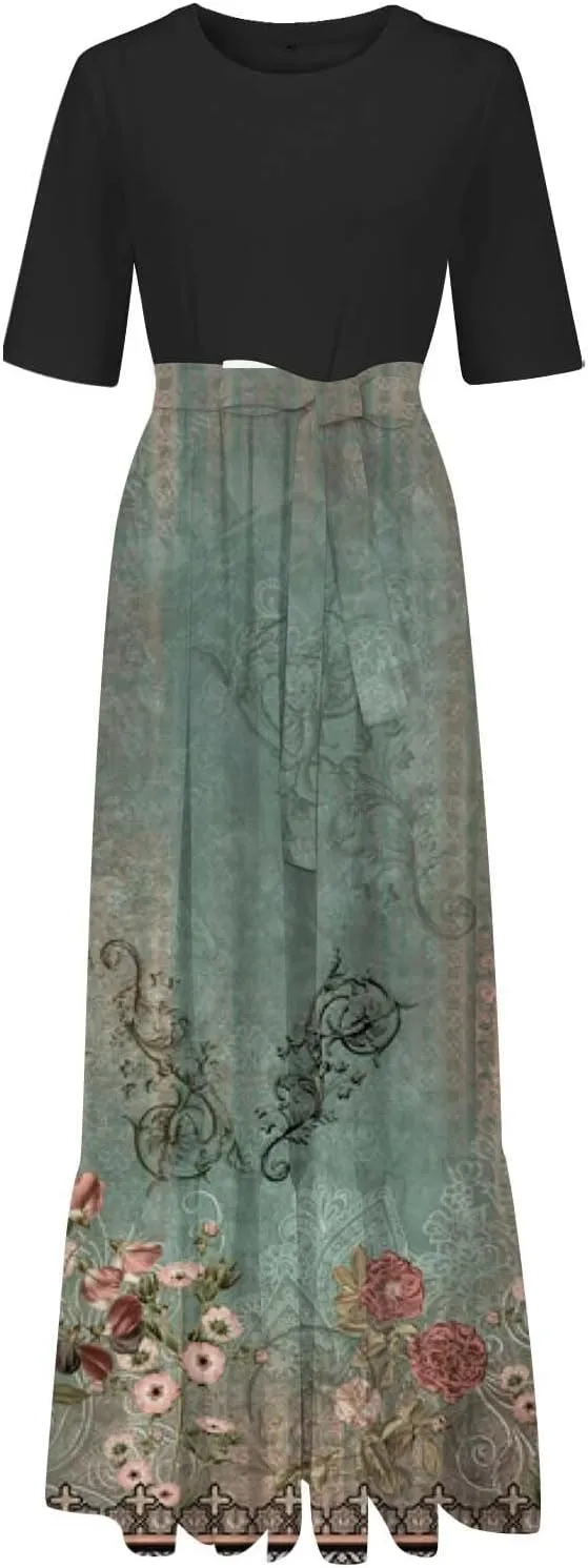 2025 Summer Maxi Dresses for Women Short Sleeve Floral Maxi Dress Trendy High Waist Long Dresses Business Work Dress
