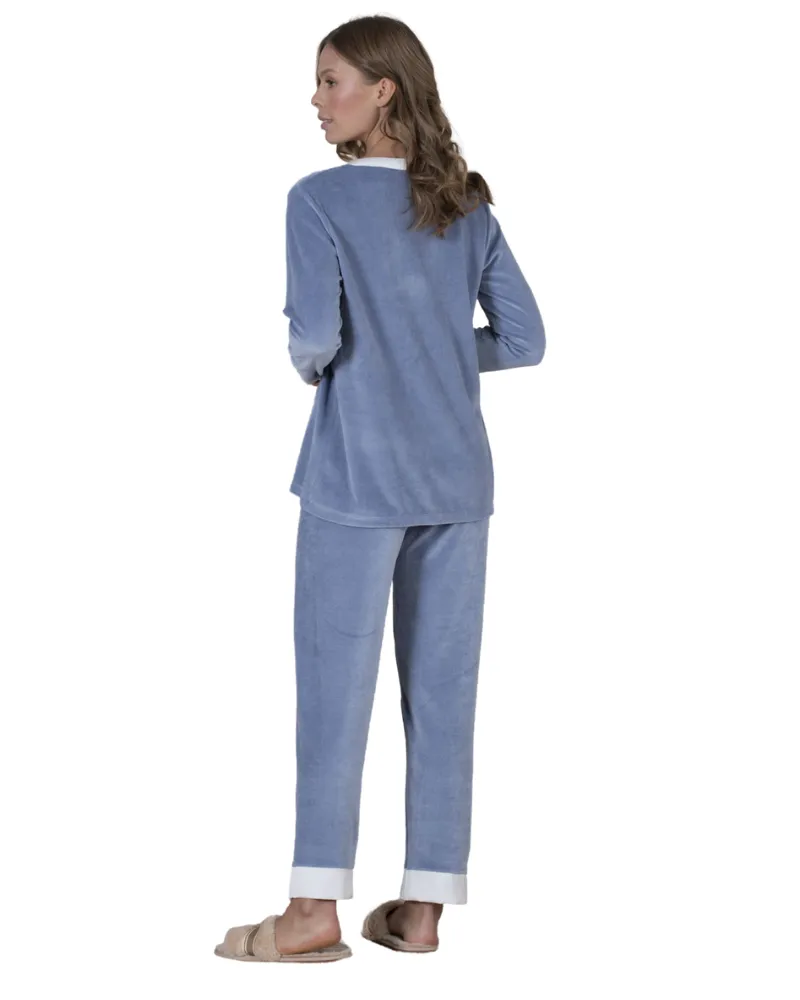 21528 White Panel Blue Cotton Velour Pajamas Set