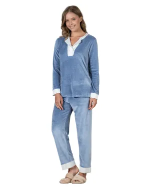 21528 White Panel Blue Cotton Velour Pajamas Set