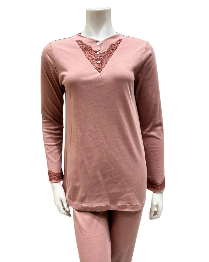 23506 Rose V Lace Button Down Cotton Pajamas Set