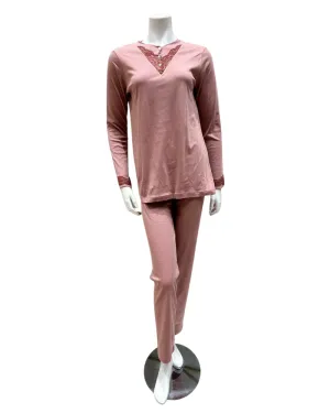 23506 Rose V Lace Button Down Cotton Pajamas Set