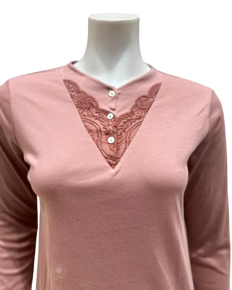 23506 Rose V Lace Button Down Cotton Pajamas Set