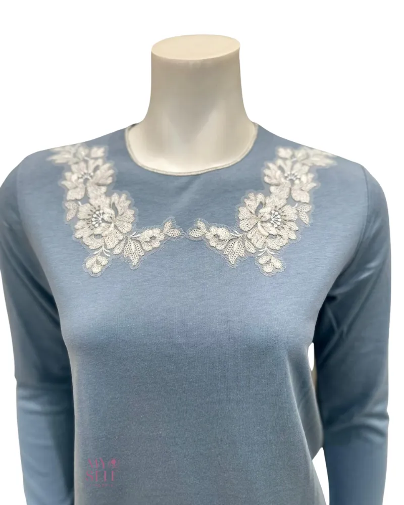 23507 Powder Blue Lace Applique Modal Pajamas Set